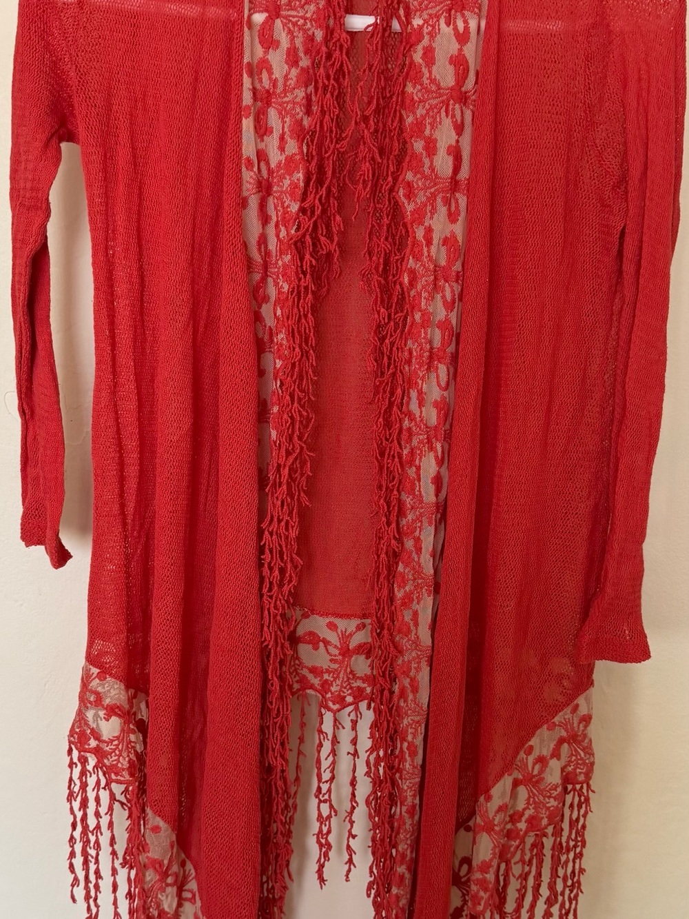 XCVI Red/Orange Crochet Fringe Duster Cardigan